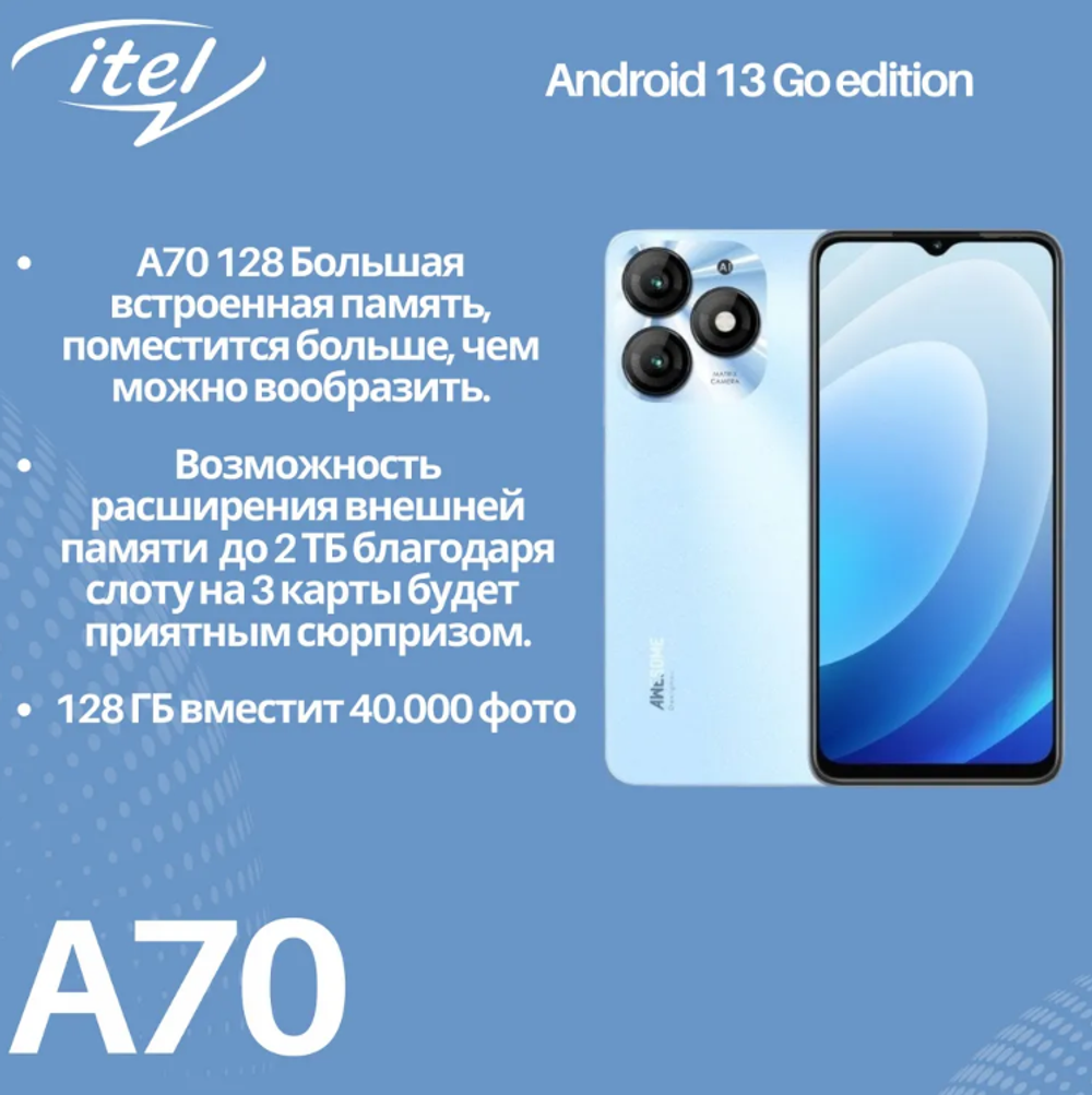 Смартфон ITEL A70(A665L) 4/256 ГБ, голубой