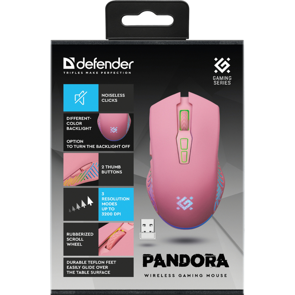 Мышь Defender Pandora GM-502, игровая, оптическая, беспроводная, USB, розовый