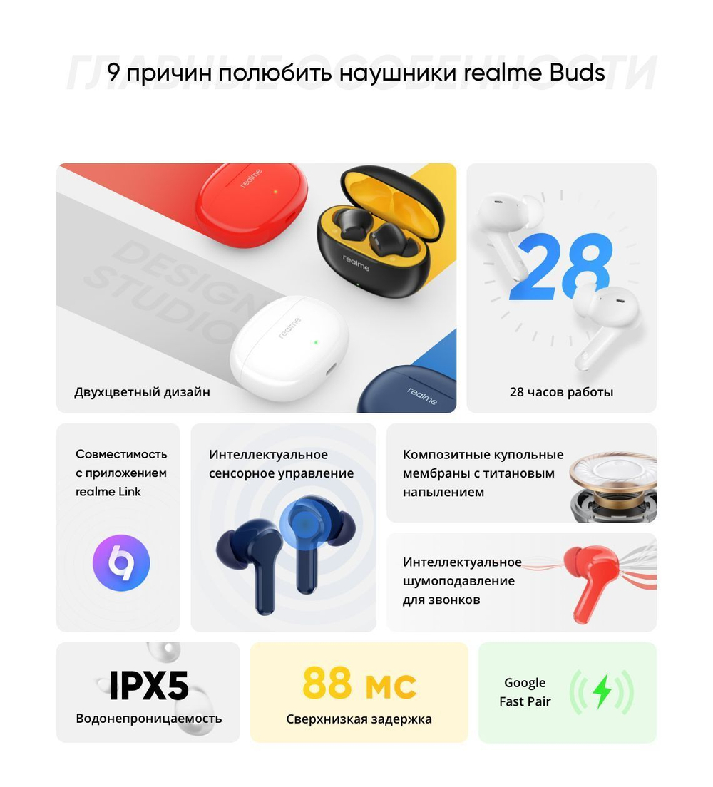 Беспроводные наушники RealMe Buds T100 True Wireless 5.3 Bluetooth 88MS Blue