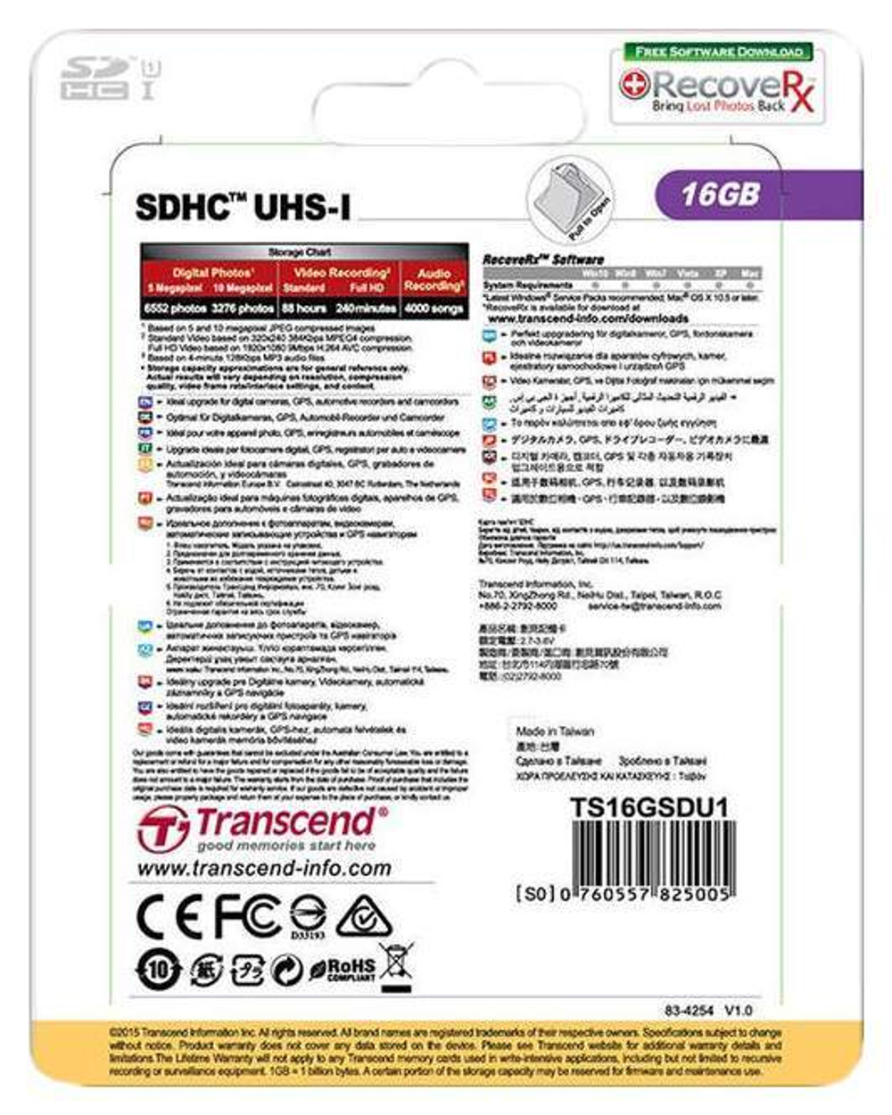 Карта памяти Transcend SDHC Premium TS16GSDU1 16GB