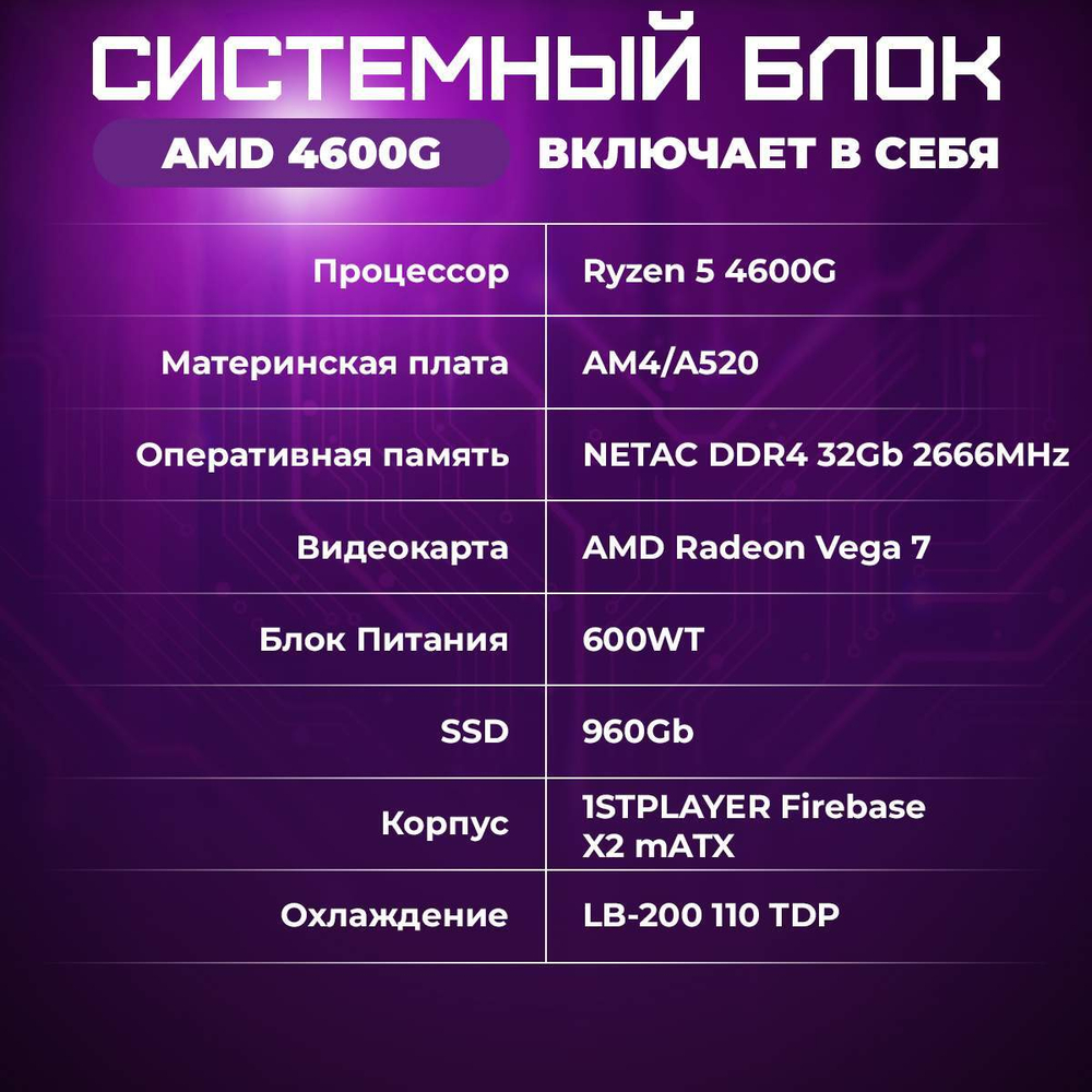 Системный блок TREIDCOMPUTERS Ryzen 5 4600G SSD 960 gb AMD Radeon Vega 7 Игровой Компьютер