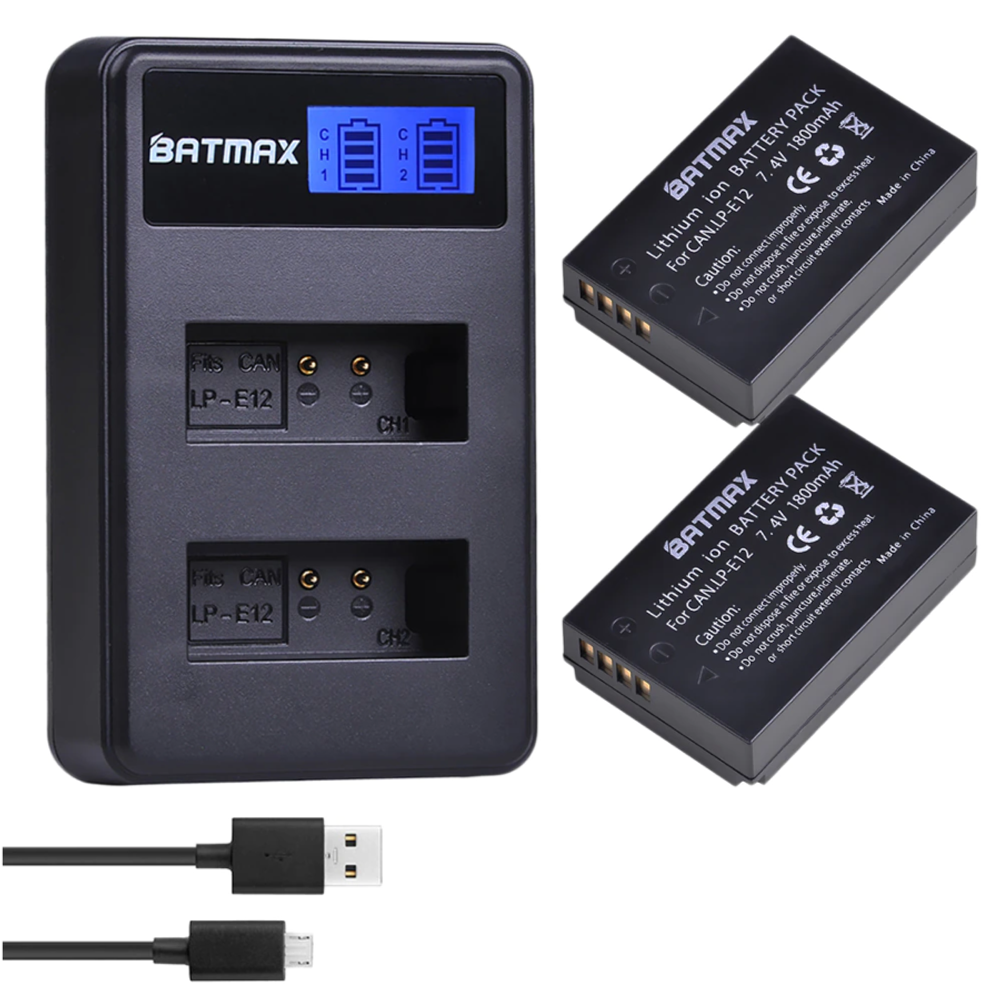 Комплект аккумуляторы 1800 mAh и зарядное устройство BATMAX на 2 слота для Canon LP-E12