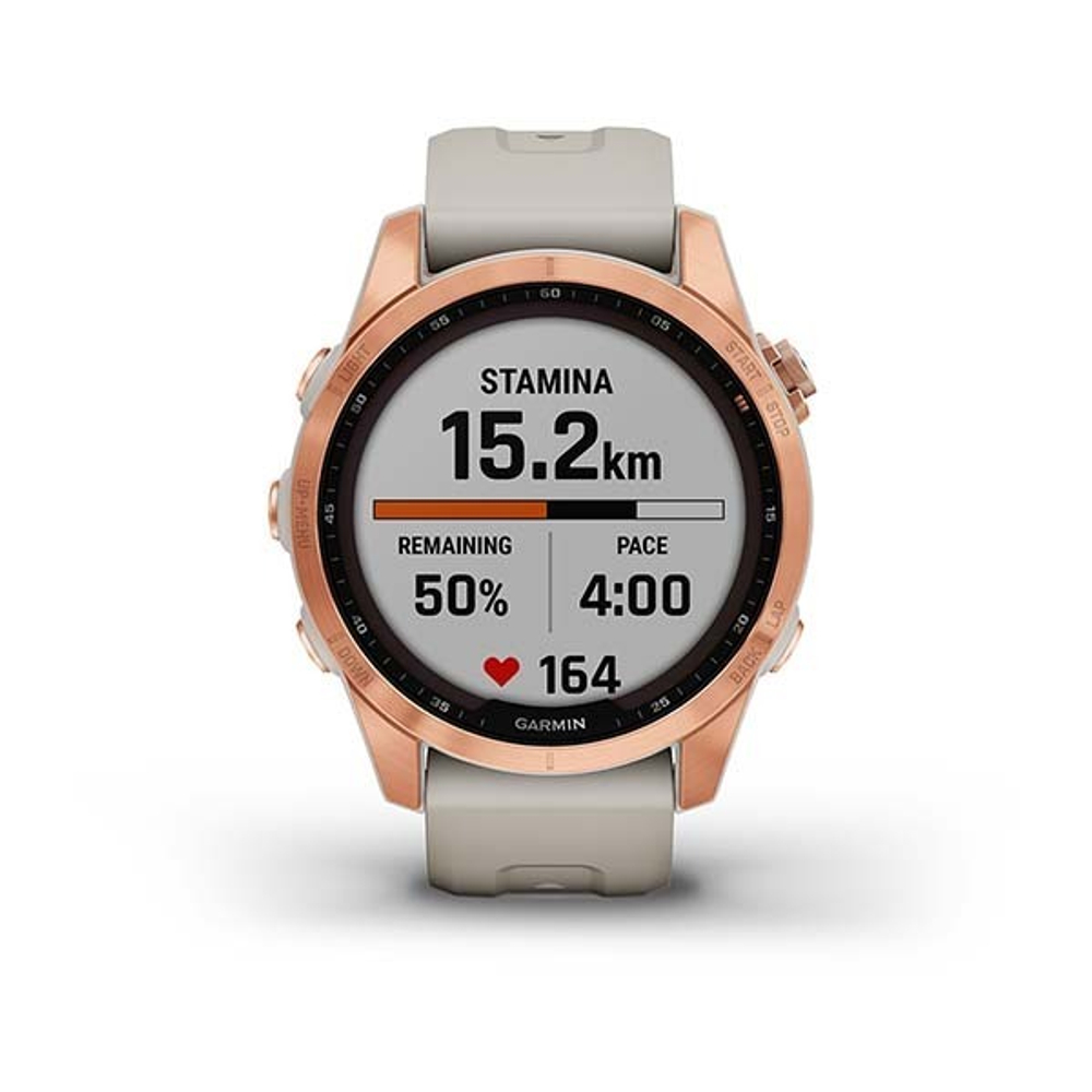 Garmin Fenix 7s Solar цвета розовое золото с песочным силиконовым ремешком