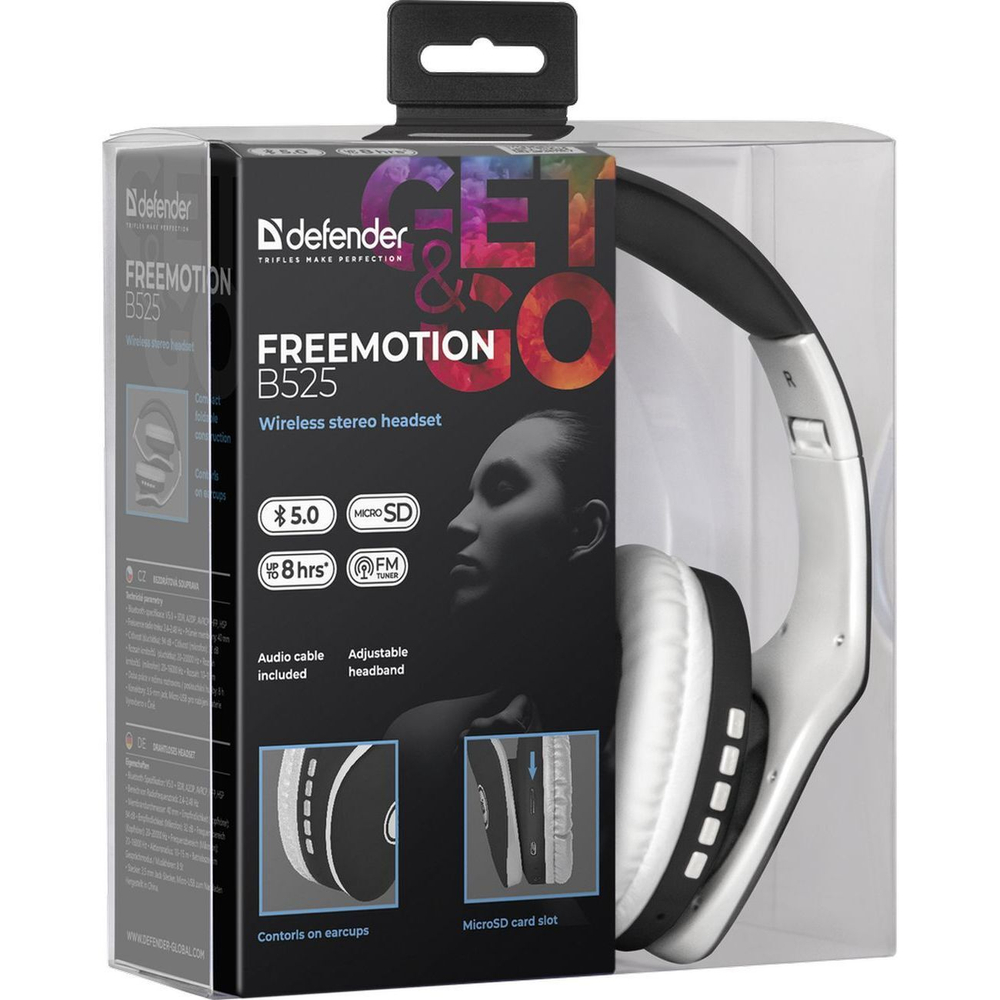 Беспроводные наушники накладные Defender FreeMotion microSD, FM, черный + белый
