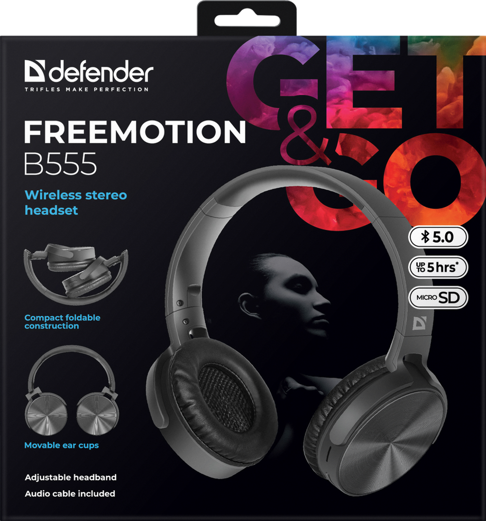 Беспроводные наушники с микрофоном Defender FreeMotion B555 черный, Bluetooth