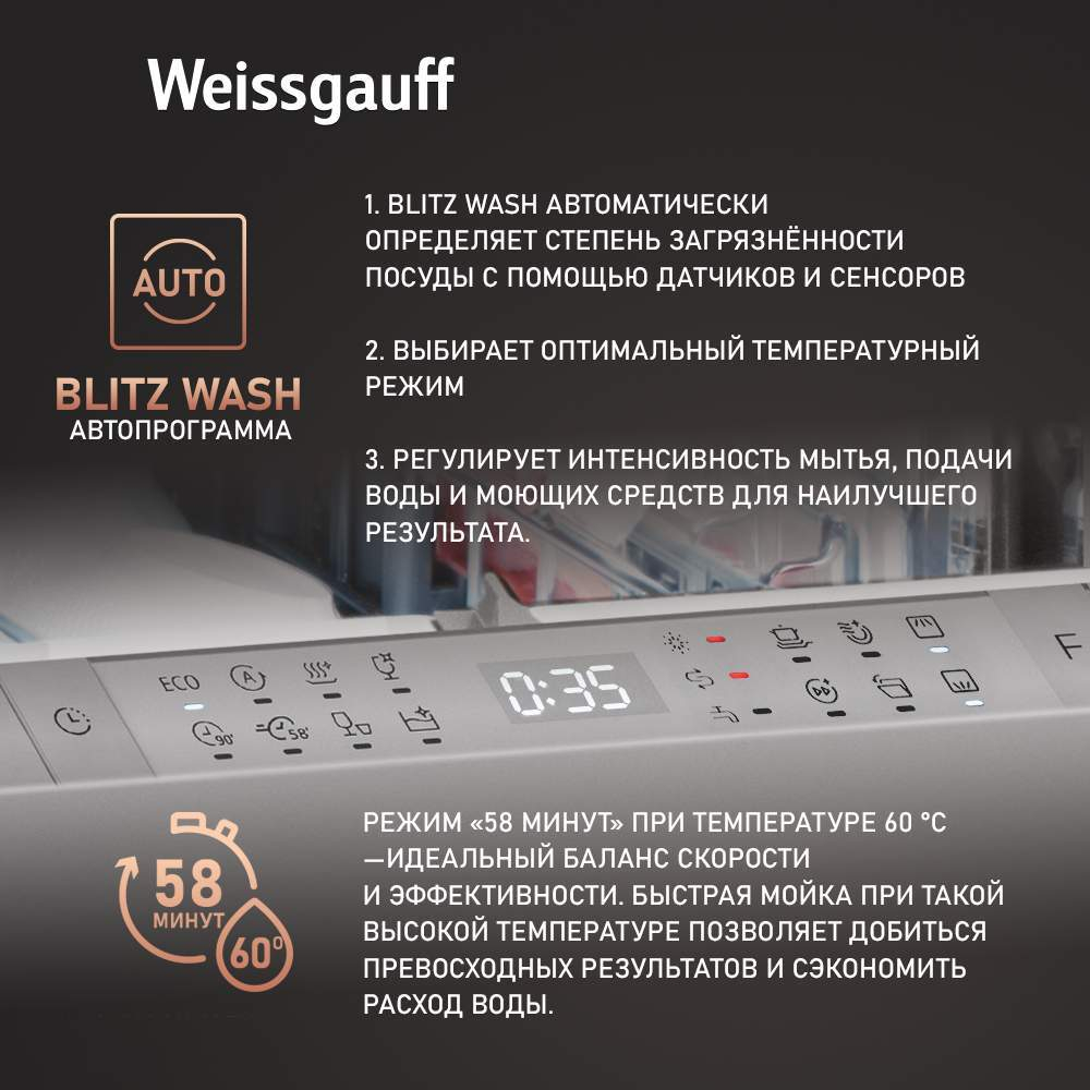 Встраиваемая посудомоечная машина Weissgauff BDW 6190 Touch DC Inverter Timer Floor