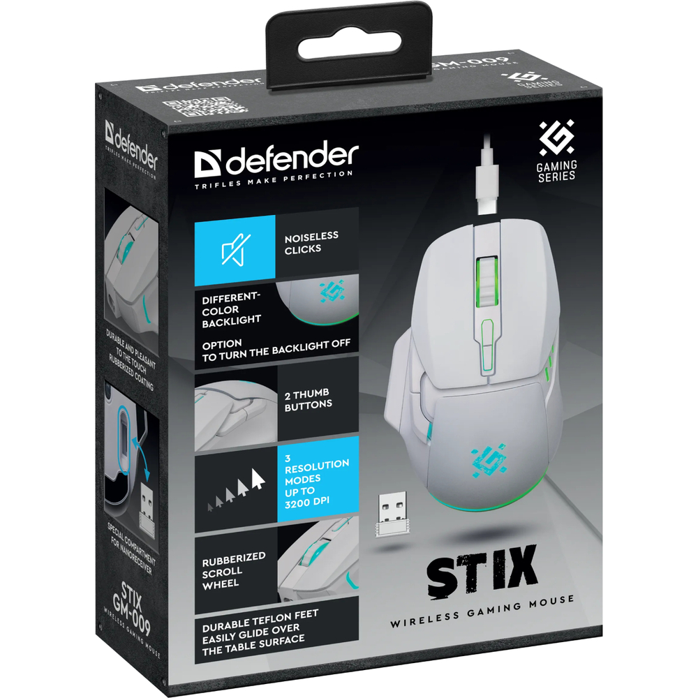 Мышь Defender Stix GM-009 игровая, беспроводная,7 кнопок, 3200 dpi, 500 мАч, белая