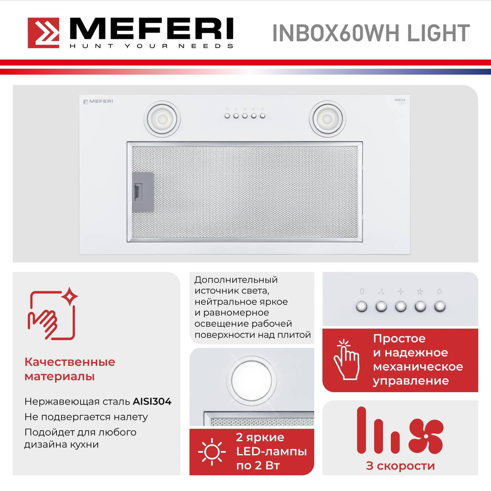 Вытяжка встраиваемая Meferi INBOX60WH LIGHT белый