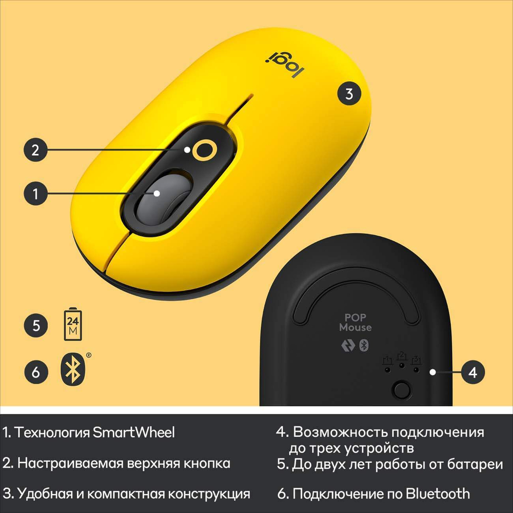 Беспроводная мышь Logitech POP Mouse Yellow/Black (910-006546)
