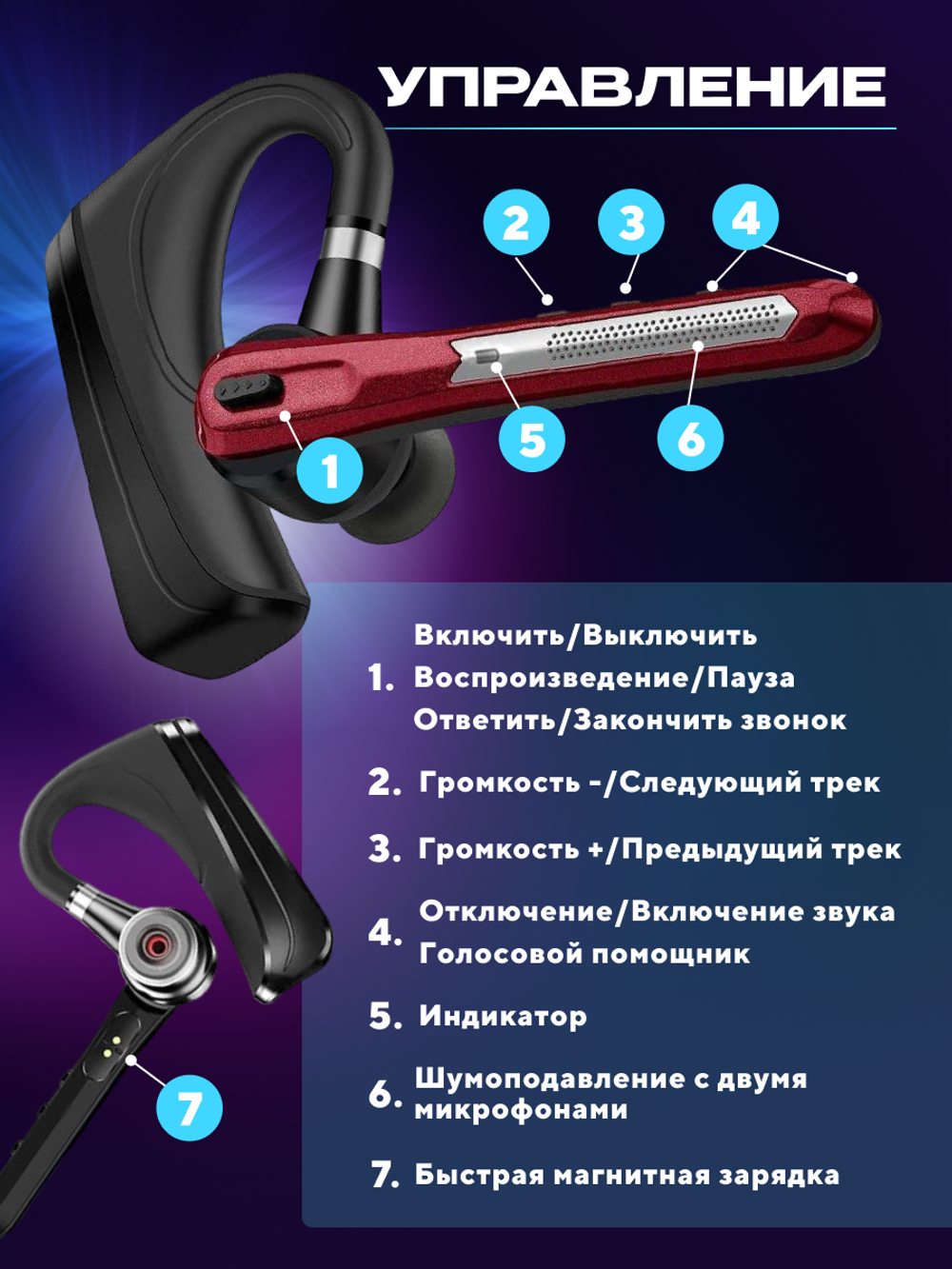 Беспроводная гарнитура блютуз TAYMLUX HSP-B3 красная наушник с шумоподавлением Bluetooth