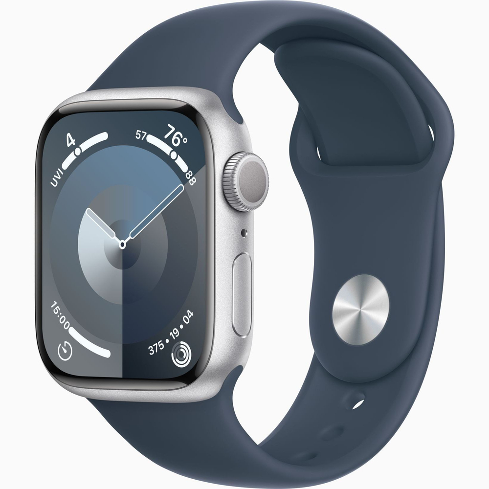 Смарт-часы Apple Watch 9 GPS, 41 mm, Silver Aluminium Case, SM, Storm Blue Sport Band