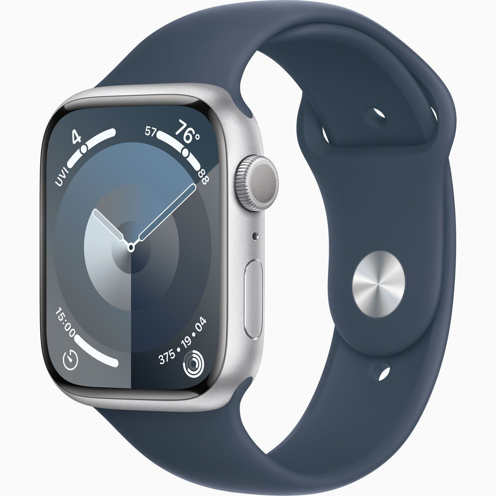 Смарт-часы Apple Watch 9 GPS, 45 mm, Silver Aluminium Case, SM, Storm Blue Sport Band