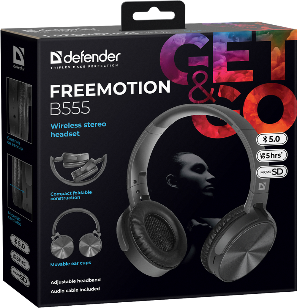 Беспроводные наушники с микрофоном Defender FreeMotion B555 черный, Bluetooth