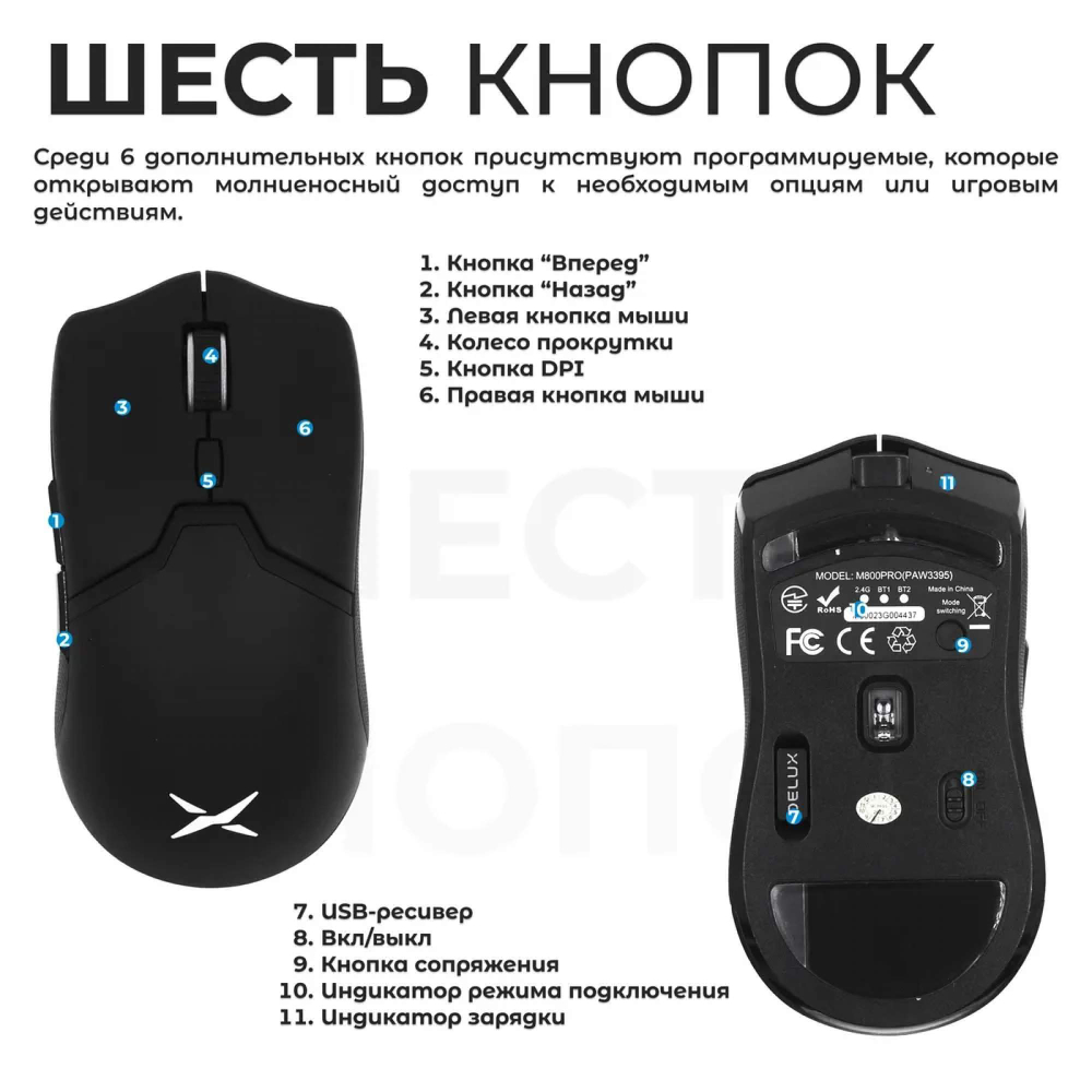 Проводная/беспроводная мышь Delux M800 PRO PAW3395 черный
