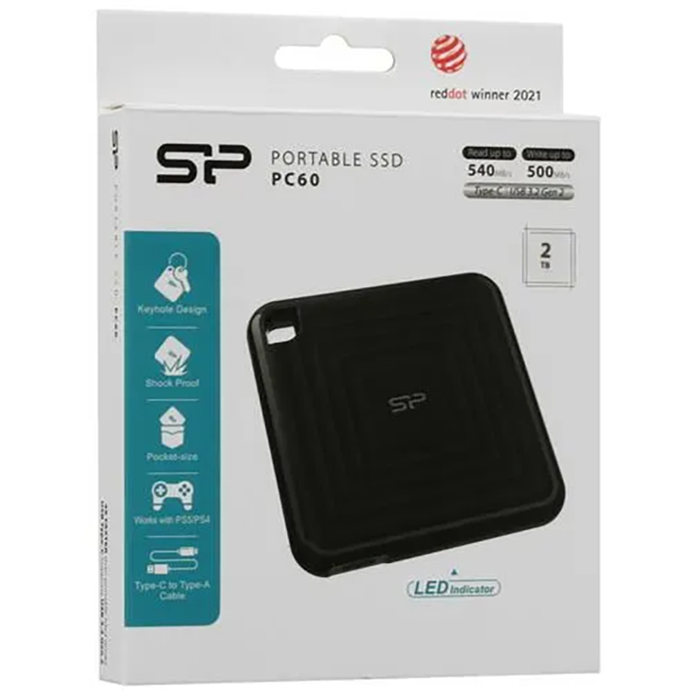 Диск SSD внешний Silicon Power PC60 2TB, External, USB 3.2, чёрный
