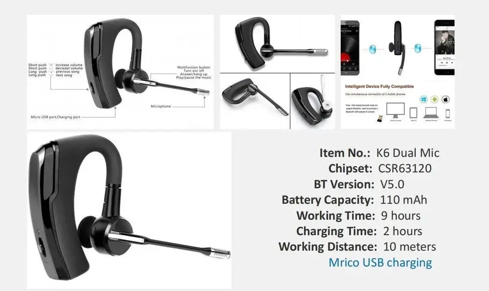 Беспроводная Bluetooth гарнитура Taymlux К6 PRO черная для 2-х смартфонов или телефонов