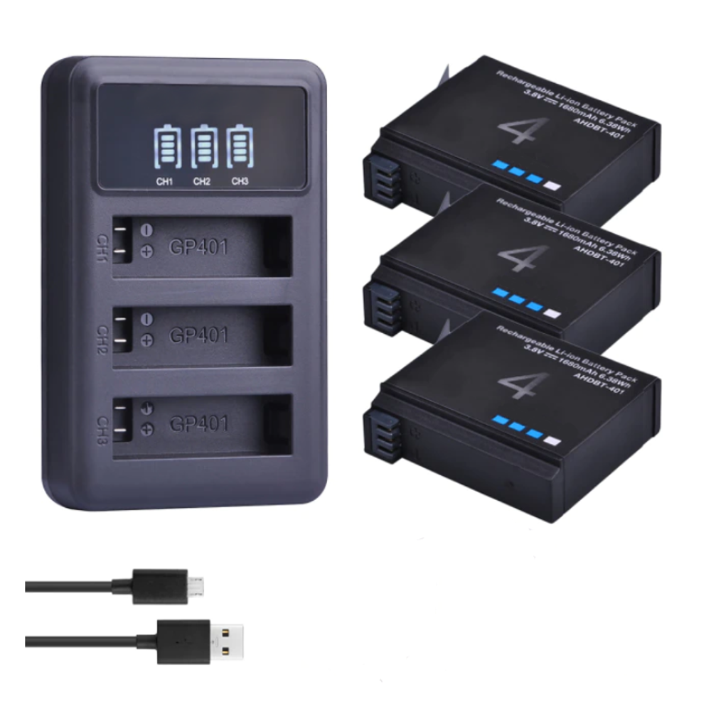 Комплект BATMAX AHDBT-401 зарядное устройство и три аккумулятора (1680 mAh) для экшн-камер